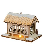 NEW - Ginger Cottages Wooden Ornament - Covered Bridge with Horse and Sleigh